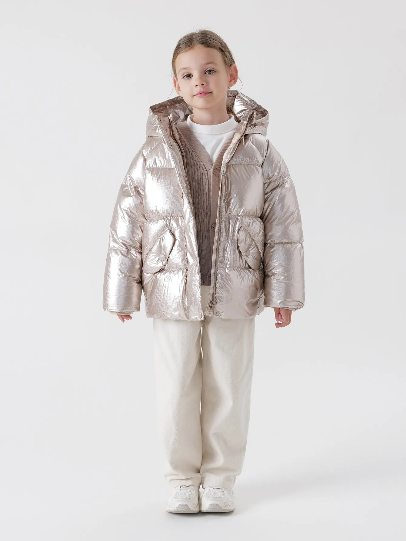 MARC & JANIE Girls Ultralight Metallic Hooded Down Parka 221666