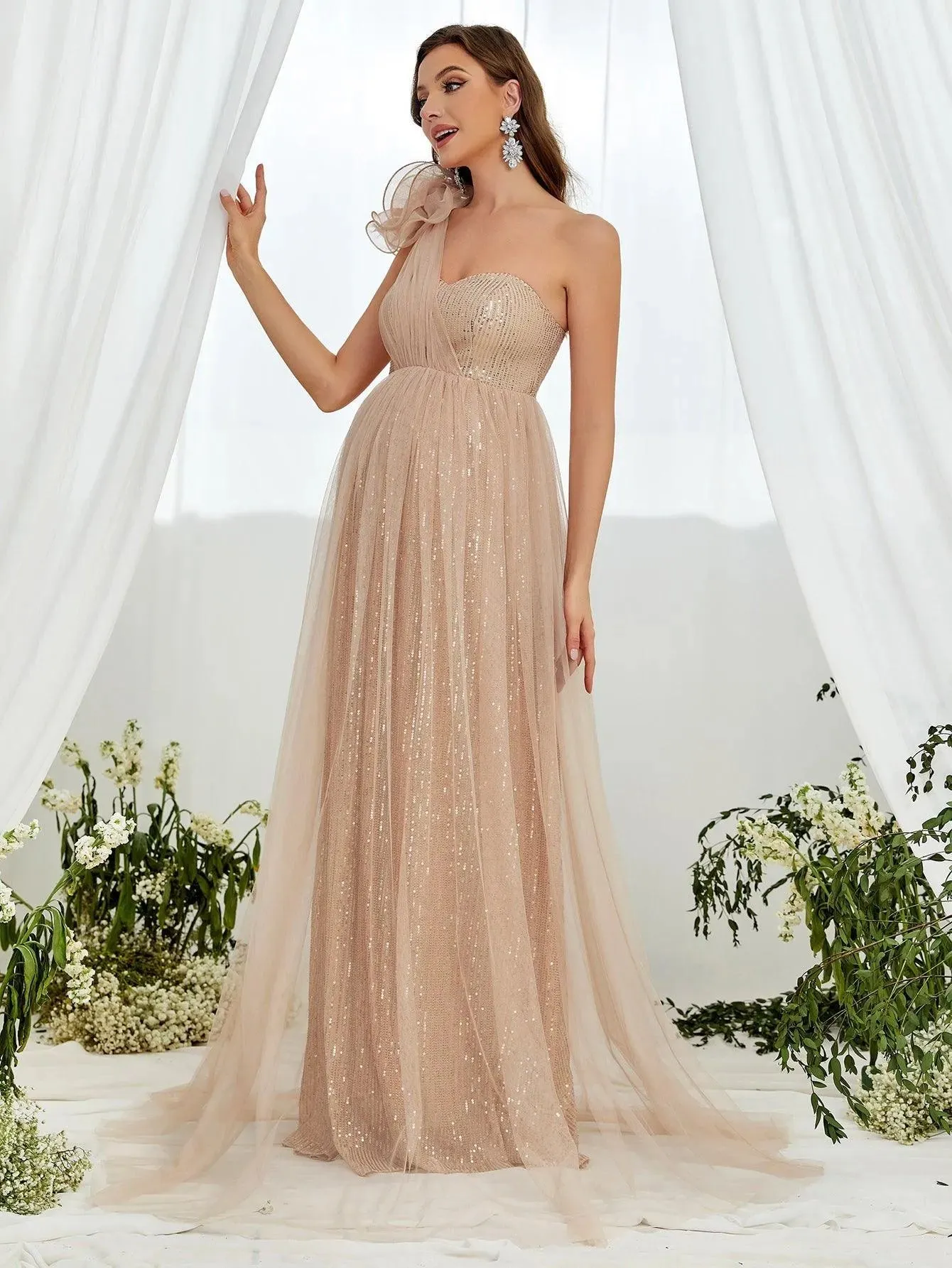 Maternity One Shoulder Contrast Mesh Sequin Formal Dress