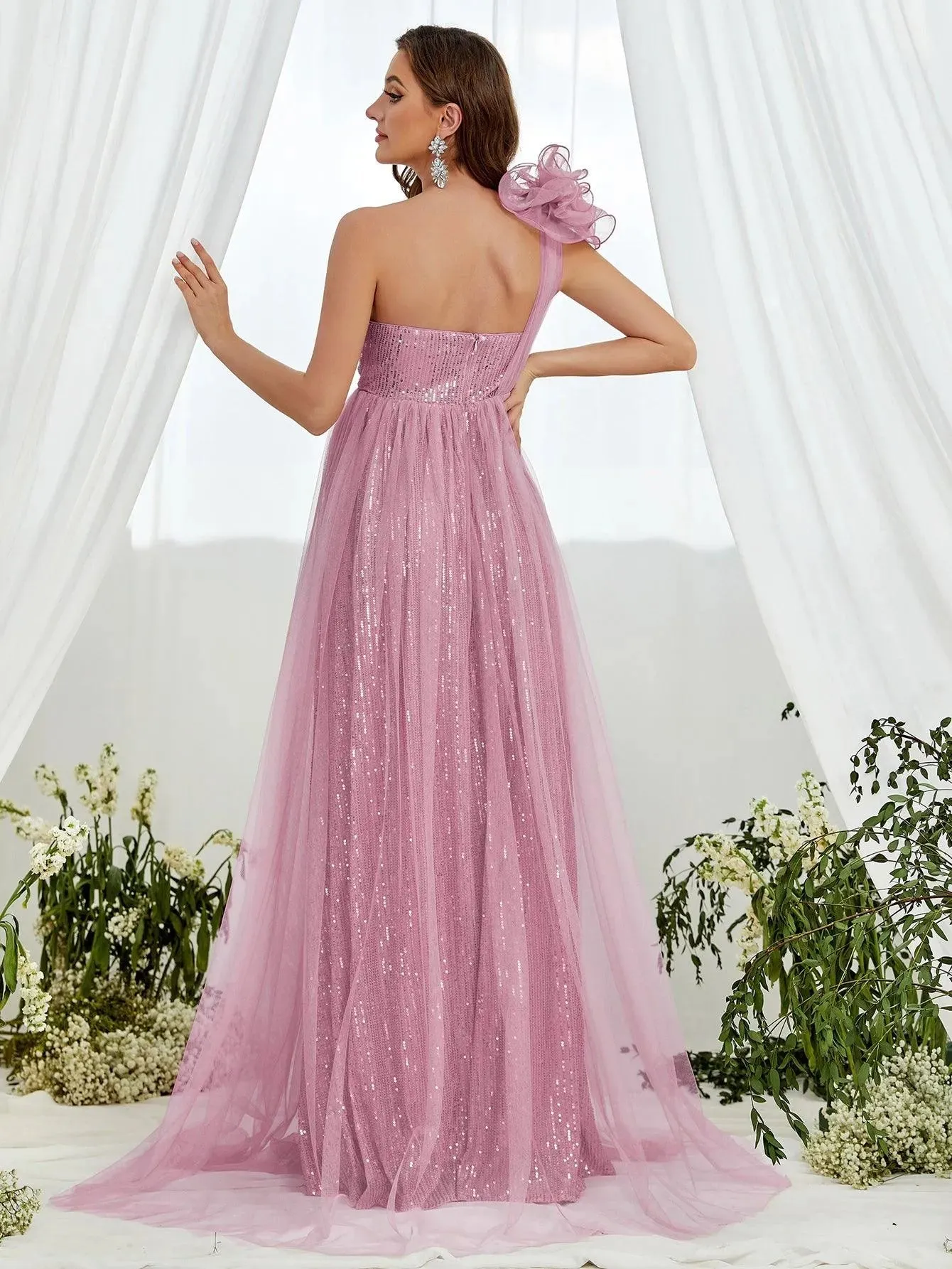 Maternity One Shoulder Contrast Mesh Sequin Formal Dress