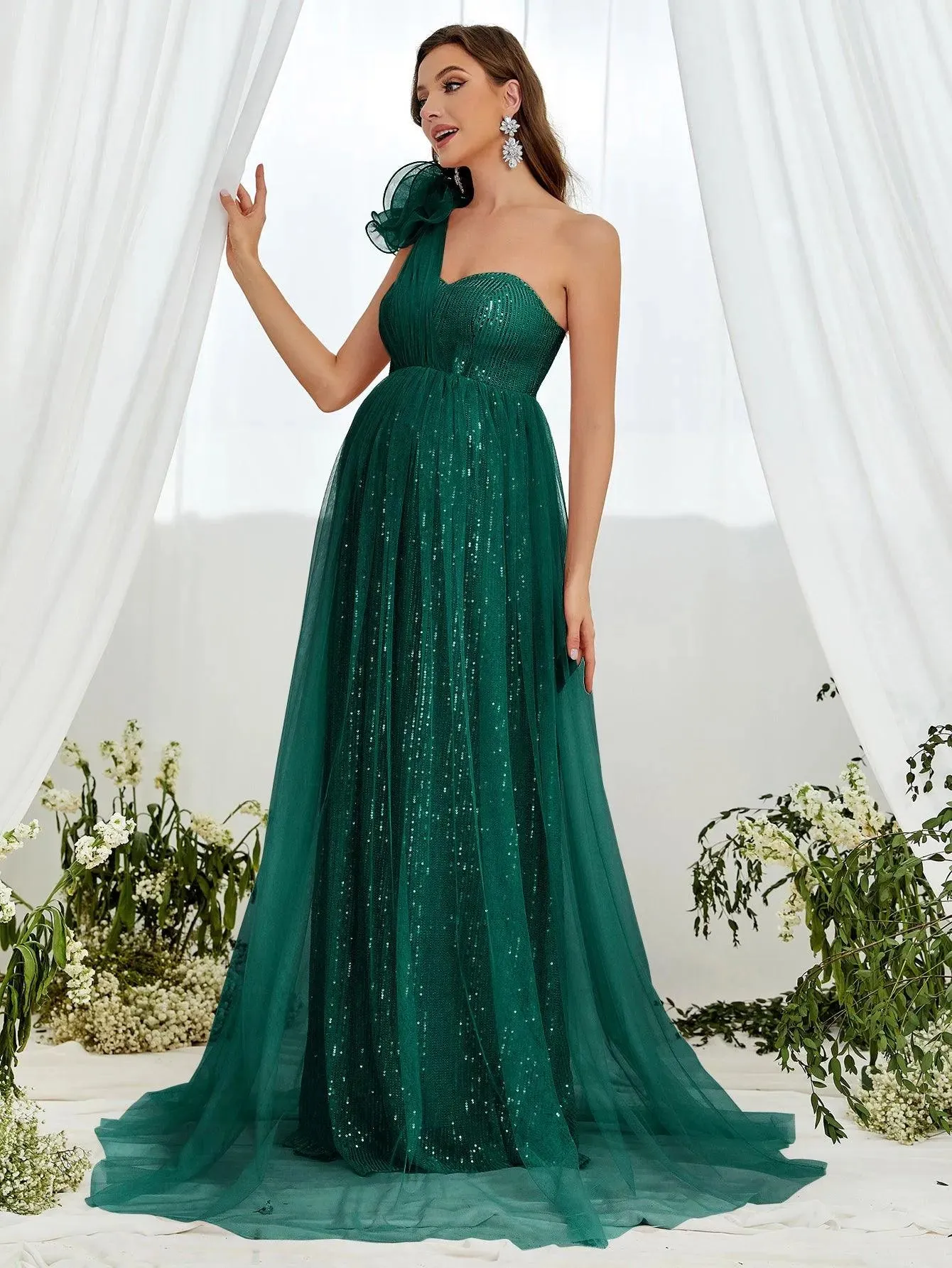 Maternity One Shoulder Contrast Mesh Sequin Formal Dress