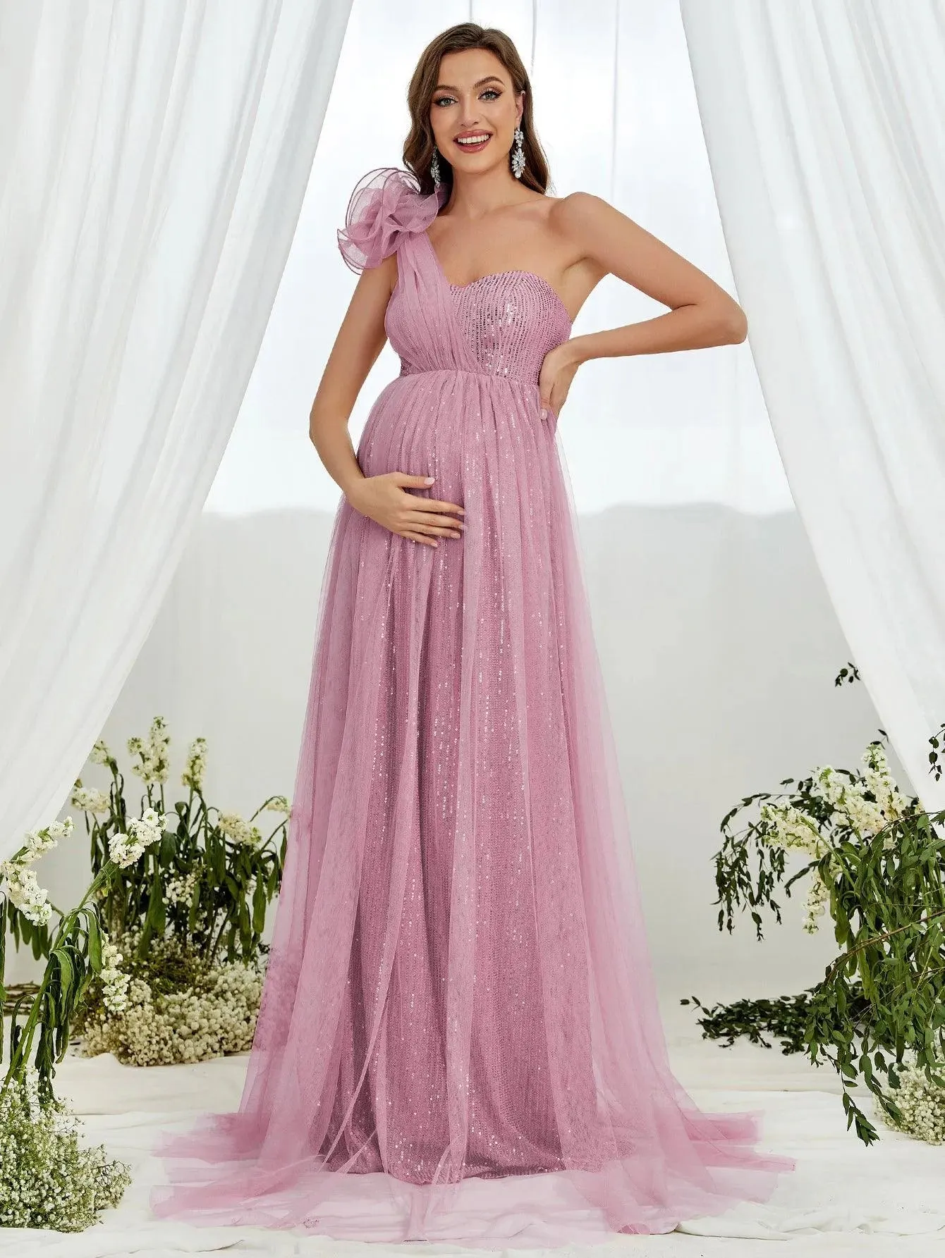 Maternity One Shoulder Contrast Mesh Sequin Formal Dress