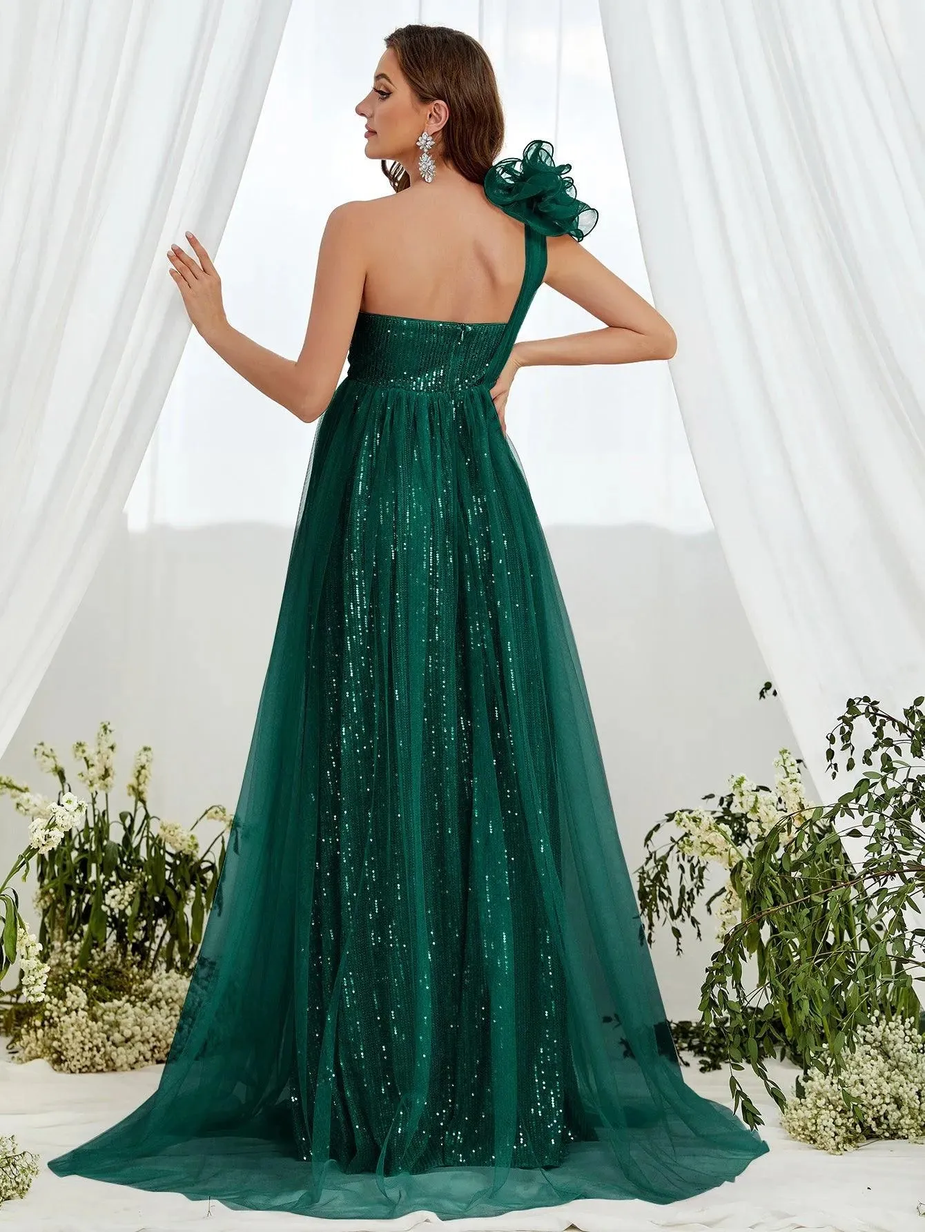 Maternity One Shoulder Contrast Mesh Sequin Formal Dress