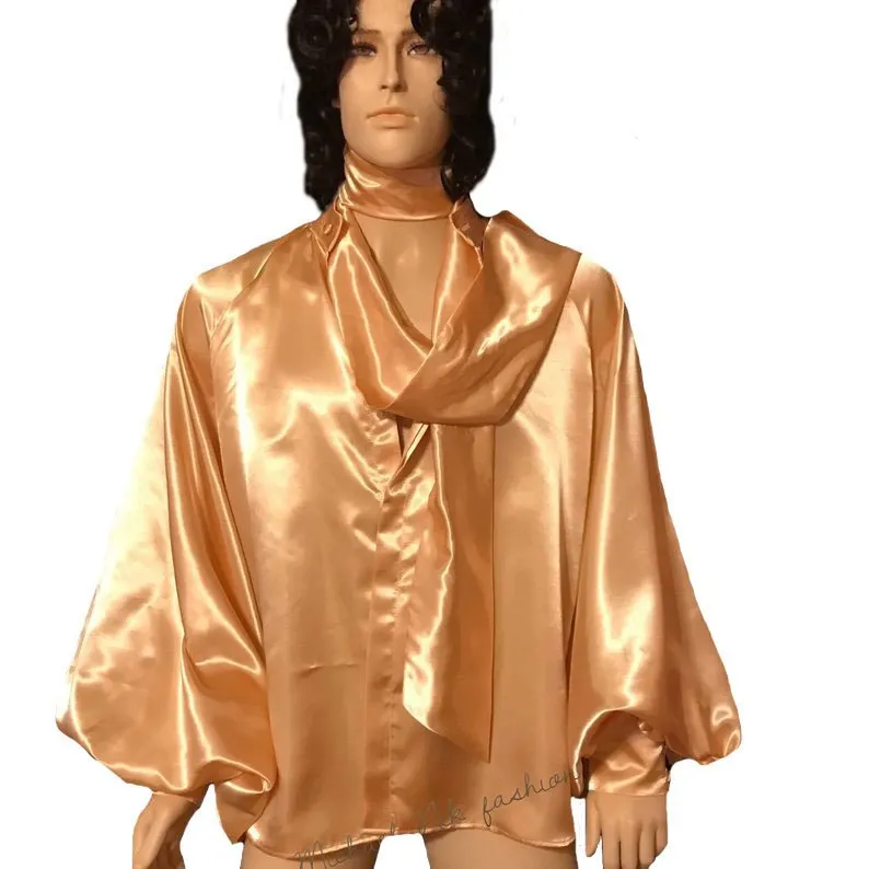 Men's Satin Raglan Sleeve Cravat Shirt in S M L XL 2XL 3XL