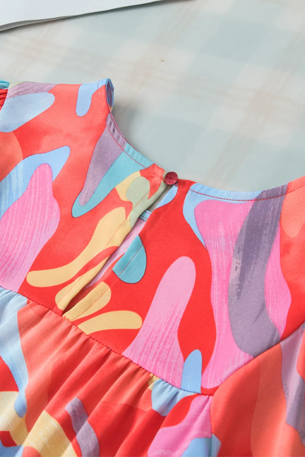 Multicolor Abstract Print Flounce Sleeve Blouse