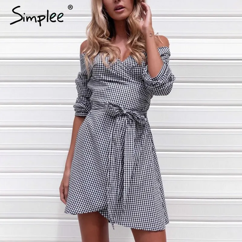 Off shoulder lantern sleeve wrap Blue stripe bow belt Autumn winter plaid shirt dress