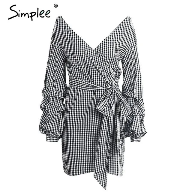 Off shoulder lantern sleeve wrap Blue stripe bow belt Autumn winter plaid shirt dress