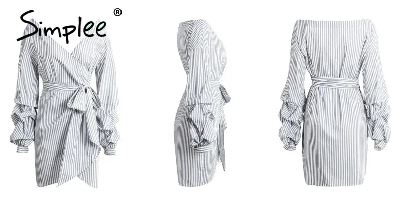 Off shoulder lantern sleeve wrap Blue stripe bow belt Autumn winter plaid shirt dress