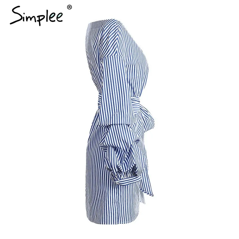 Off shoulder lantern sleeve wrap Blue stripe bow belt Autumn winter plaid shirt dress