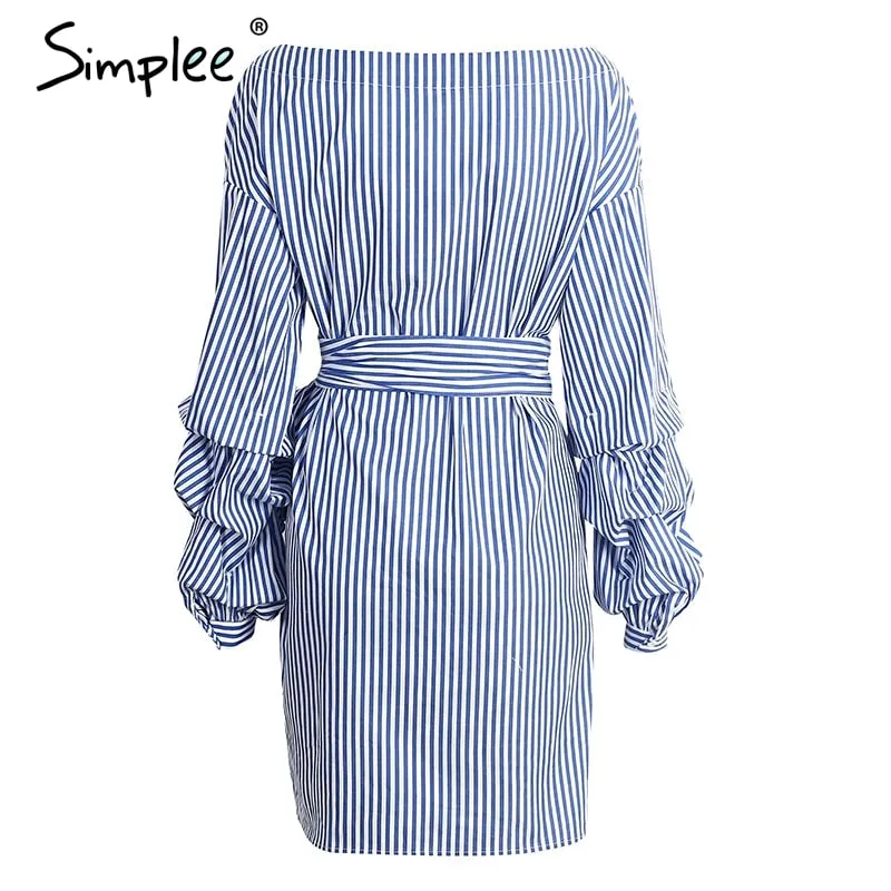 Off shoulder lantern sleeve wrap Blue stripe bow belt Autumn winter plaid shirt dress