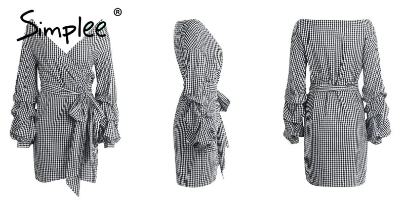 Off shoulder lantern sleeve wrap Blue stripe bow belt Autumn winter plaid shirt dress