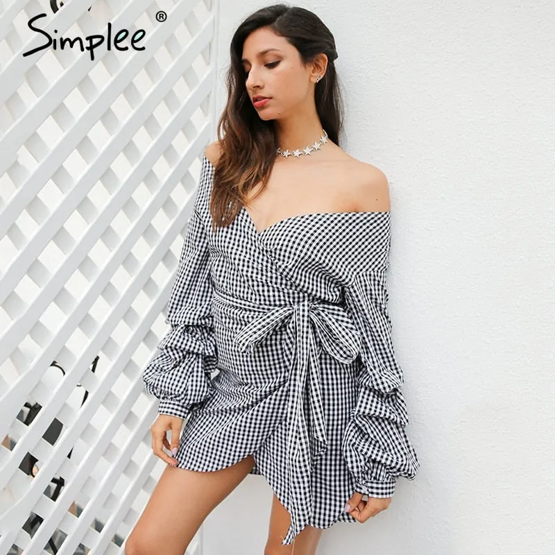 Off shoulder lantern sleeve wrap Blue stripe bow belt Autumn winter plaid shirt dress