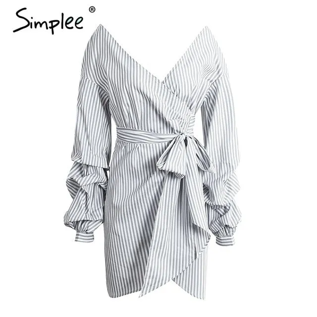 Off shoulder lantern sleeve wrap Blue stripe bow belt Autumn winter plaid shirt dress