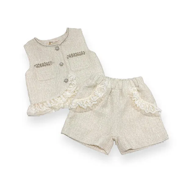 Organza Trim Tweed Shorts - Beige
