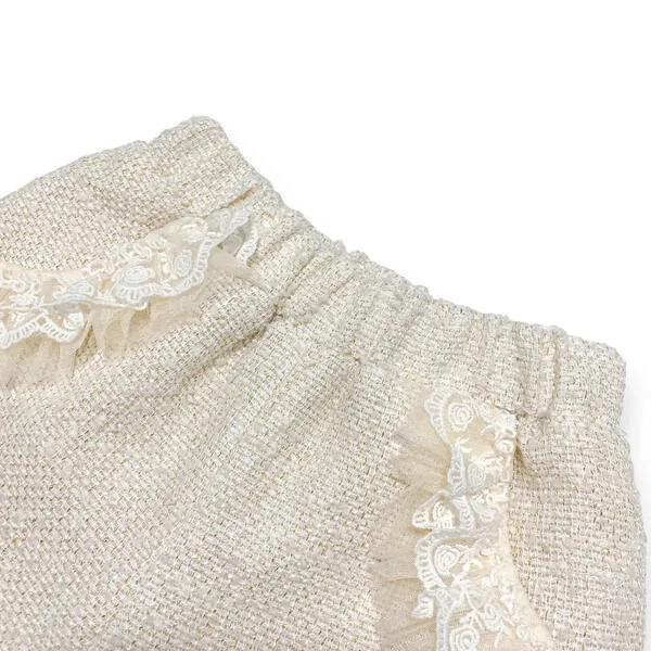 Organza Trim Tweed Shorts - Beige