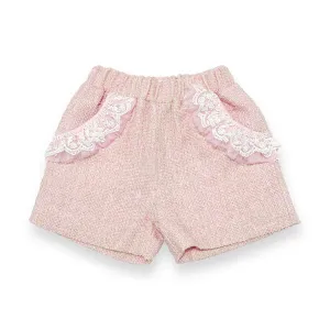 Organza Trim Tweed Shorts - Pink