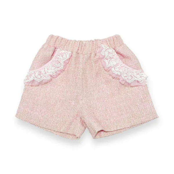 Organza Trim Tweed Shorts - Pink