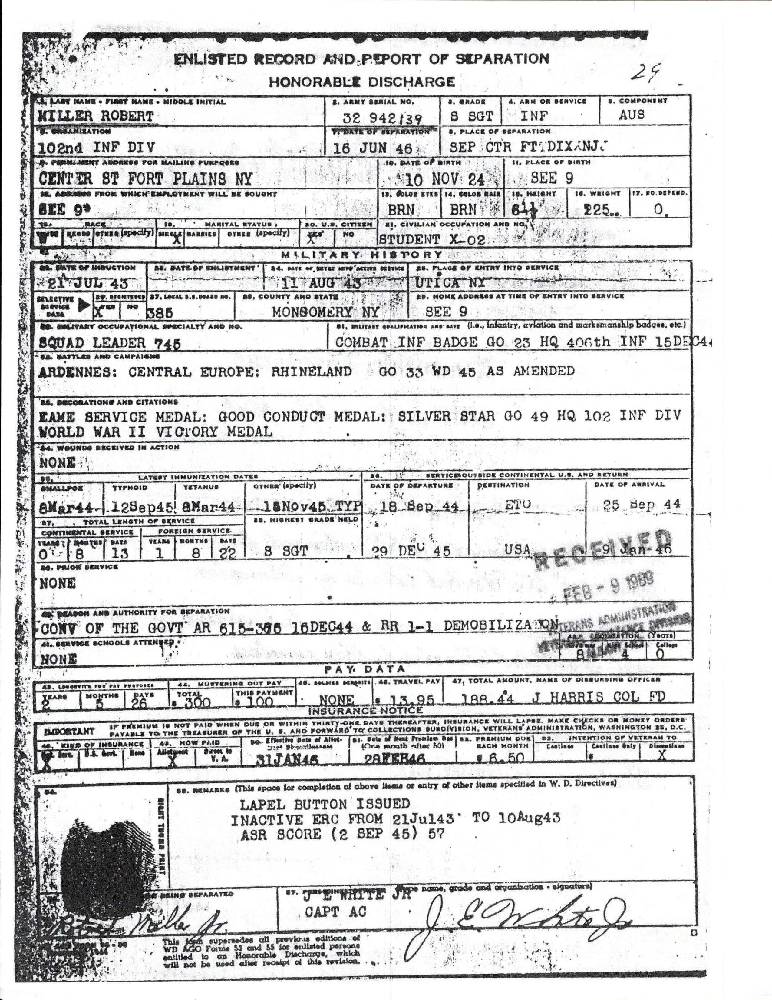 Original U.S. WWII 102nd Infantry Division Silver Star Recipient Uniform Grouping - Staff Sergeant Robert Miller