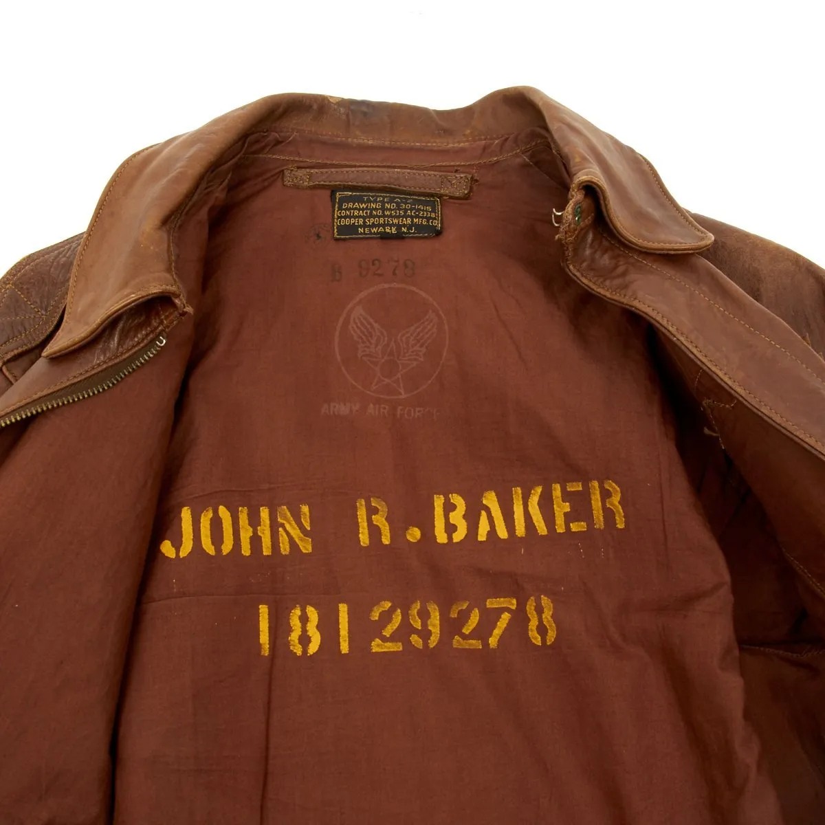 Original U.S. WWII 15th Air Force Aerial Gunner Named A-2 Flight Jacket with Italian Theatre Patches