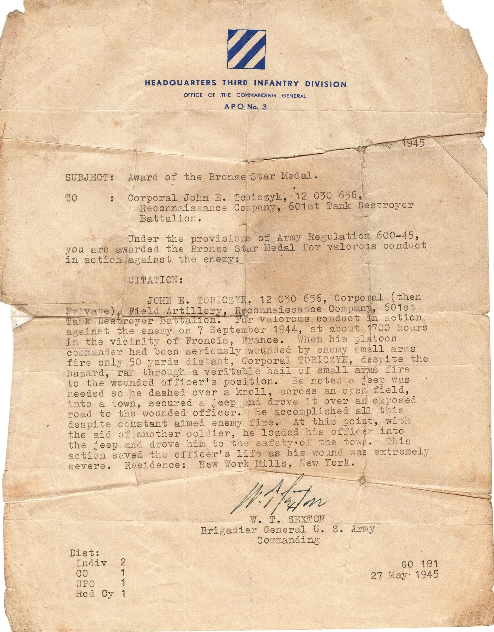 Original U.S. WWII 601st Tank Destroyer Battalion Grouping - Bronze Star with Citation