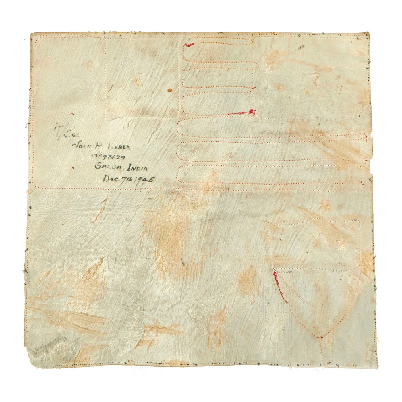 Original U.S. WWII Named Salua Airfield, India 317th Troop Carrier Squadron Leather Blood Chit Belonging To T/sgt John R. Leber - 9 ½” x 10”