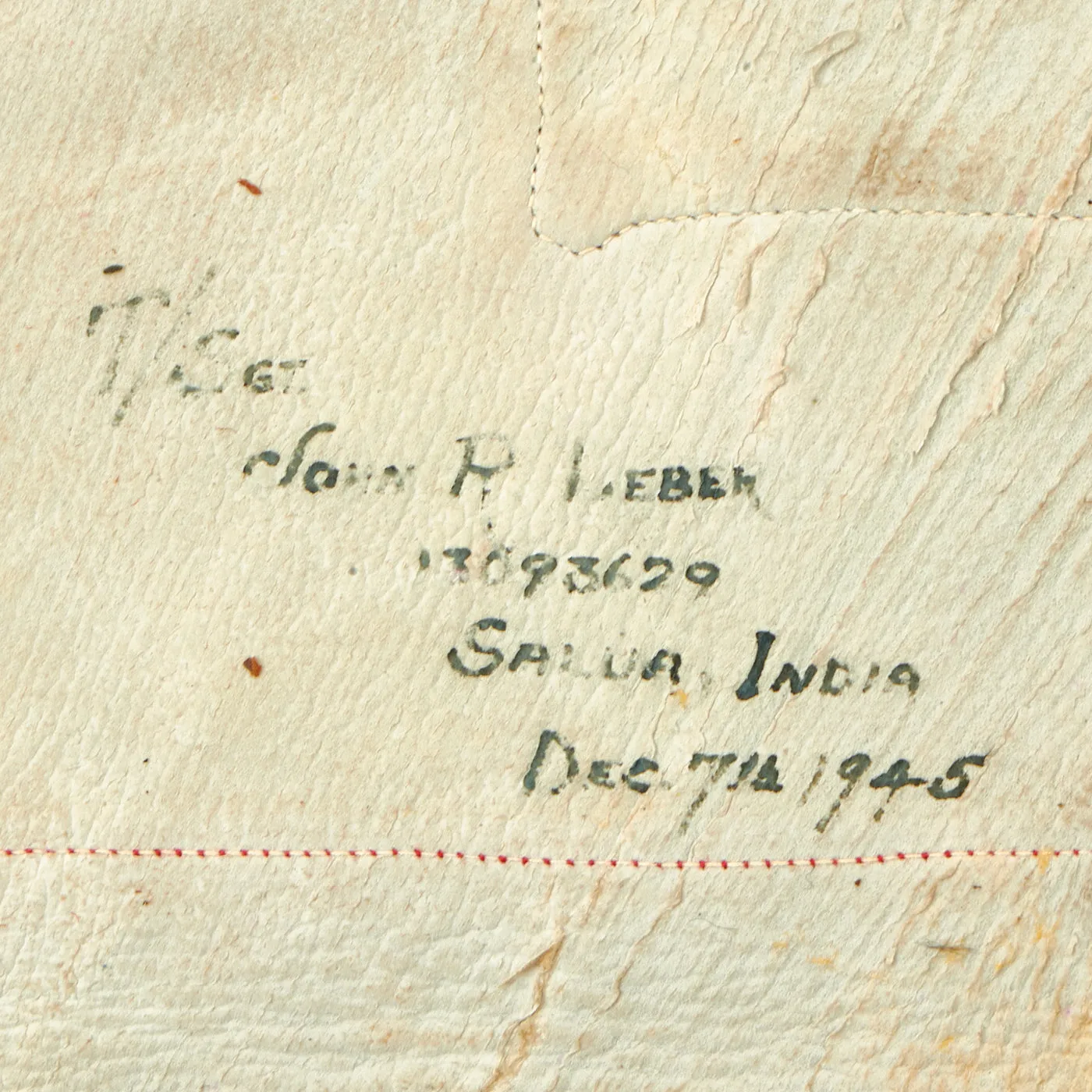 Original U.S. WWII Named Salua Airfield, India 317th Troop Carrier Squadron Leather Blood Chit Belonging To T/sgt John R. Leber - 9 ½” x 10”
