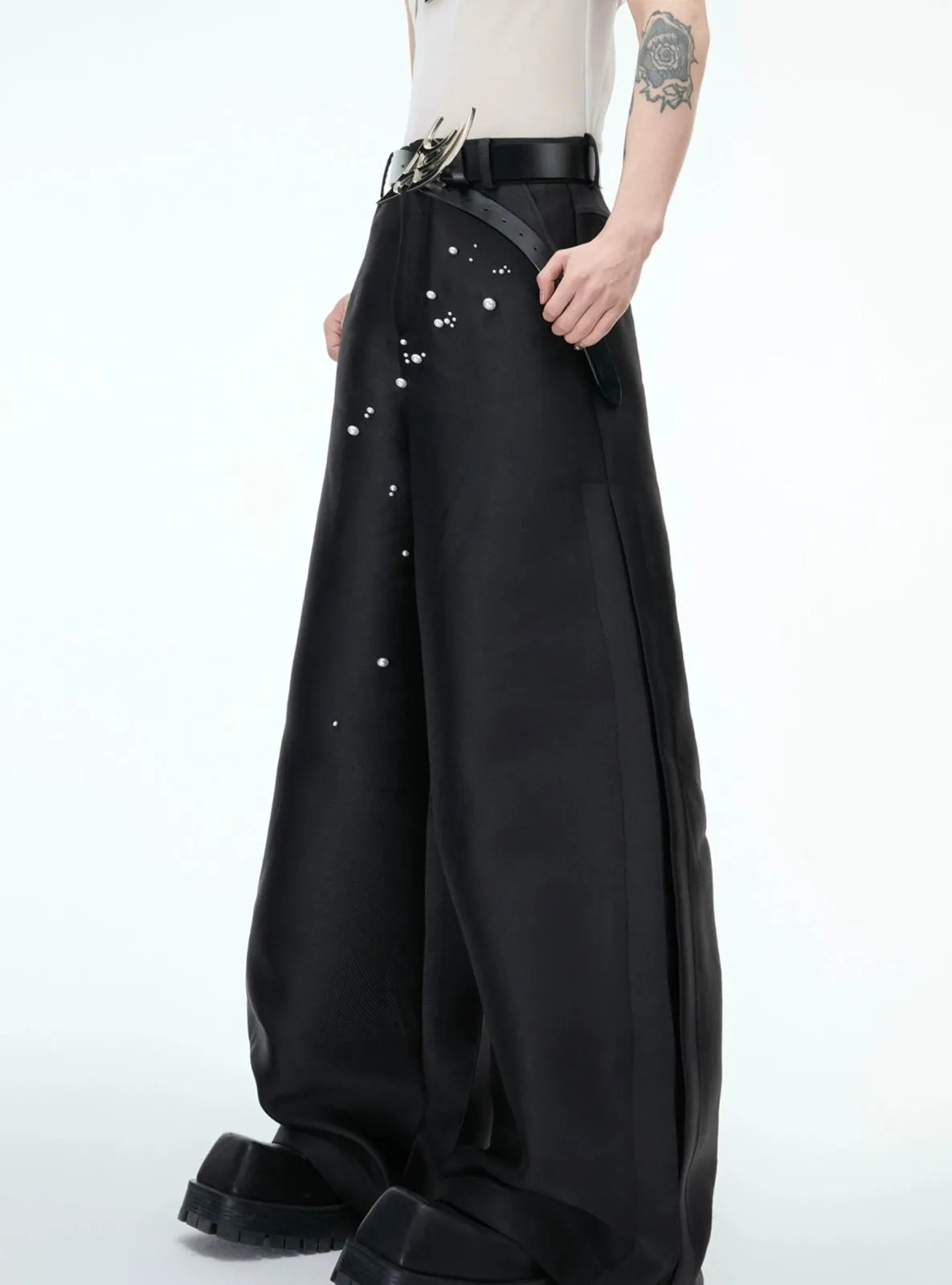Pearl Decor Wide-Leg Casual Pants