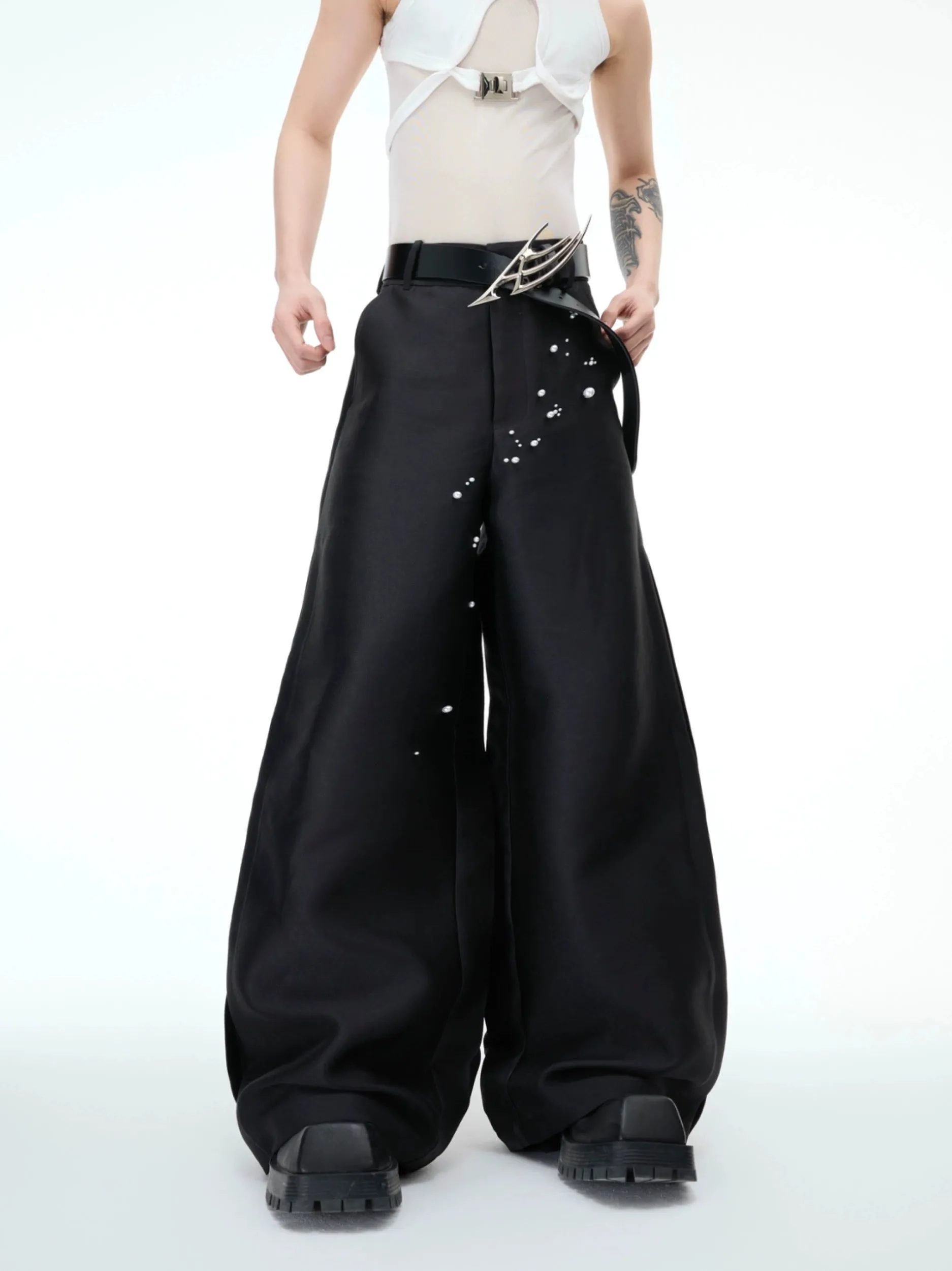 Pearl Decor Wide-Leg Casual Pants