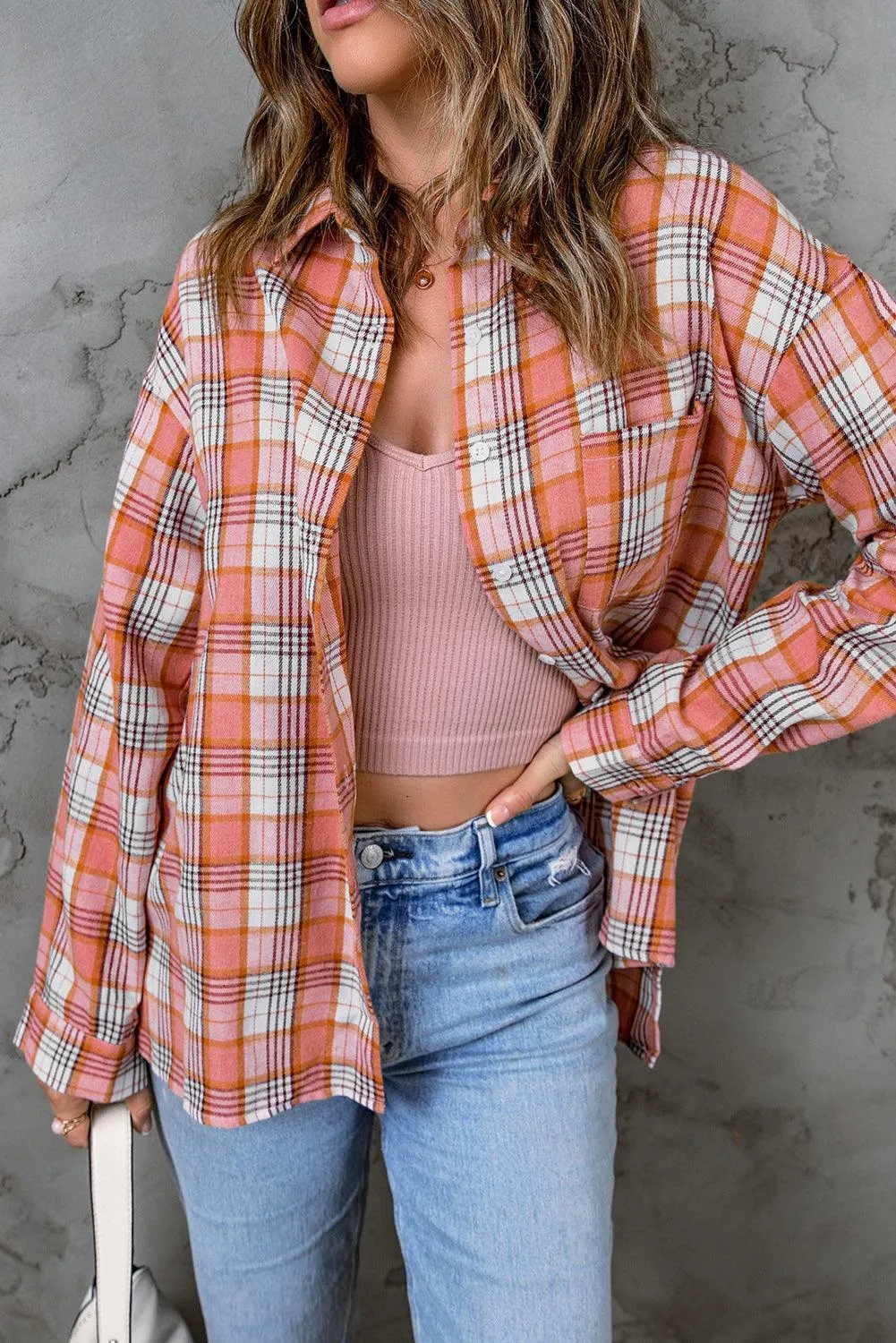 Pink Classic Plaid Print Side Slit Shirt