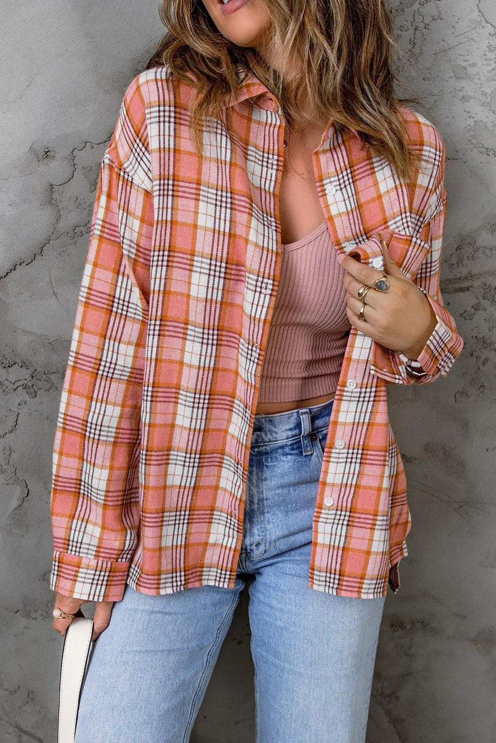 Pink Classic Plaid Print Side Slit Shirt
