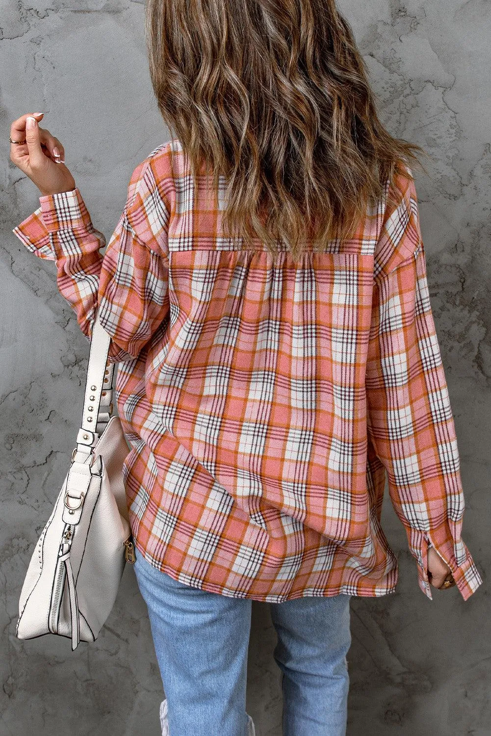 Pink Classic Plaid Print Side Slit Shirt