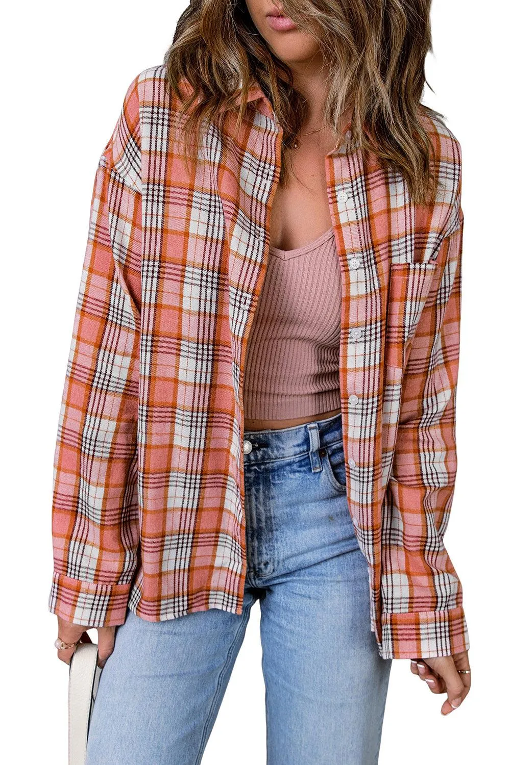 Pink Classic Plaid Print Side Slit Shirt