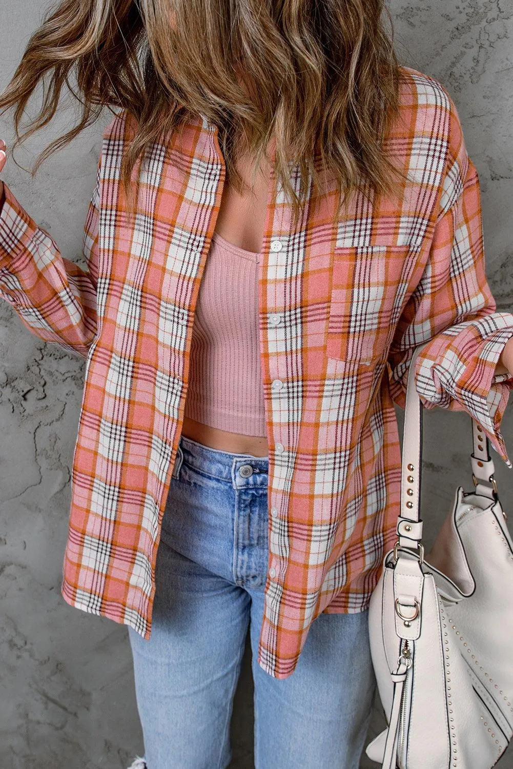 Pink Classic Plaid Print Side Slit Shirt