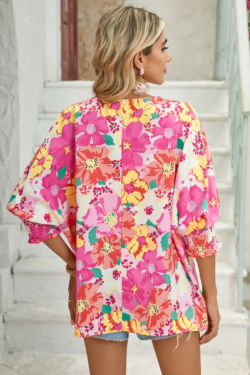 Pink Shirred Cuffs 3/4 Sleeve Boho Floral Blouse