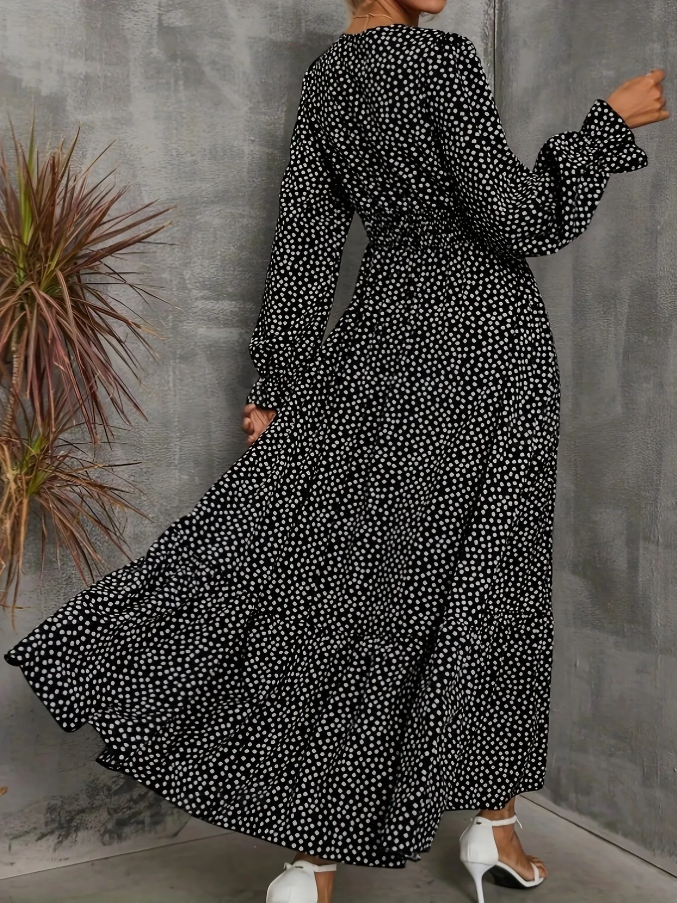 Plus Size Fit and Flare Vacay Maxi Dress - V Neck, Shirred, Non-Stretch Polyester with Ditsy Floral Random Print - Perfect for All Seasons, Vacation-Ready, Woven, and Not Sheer