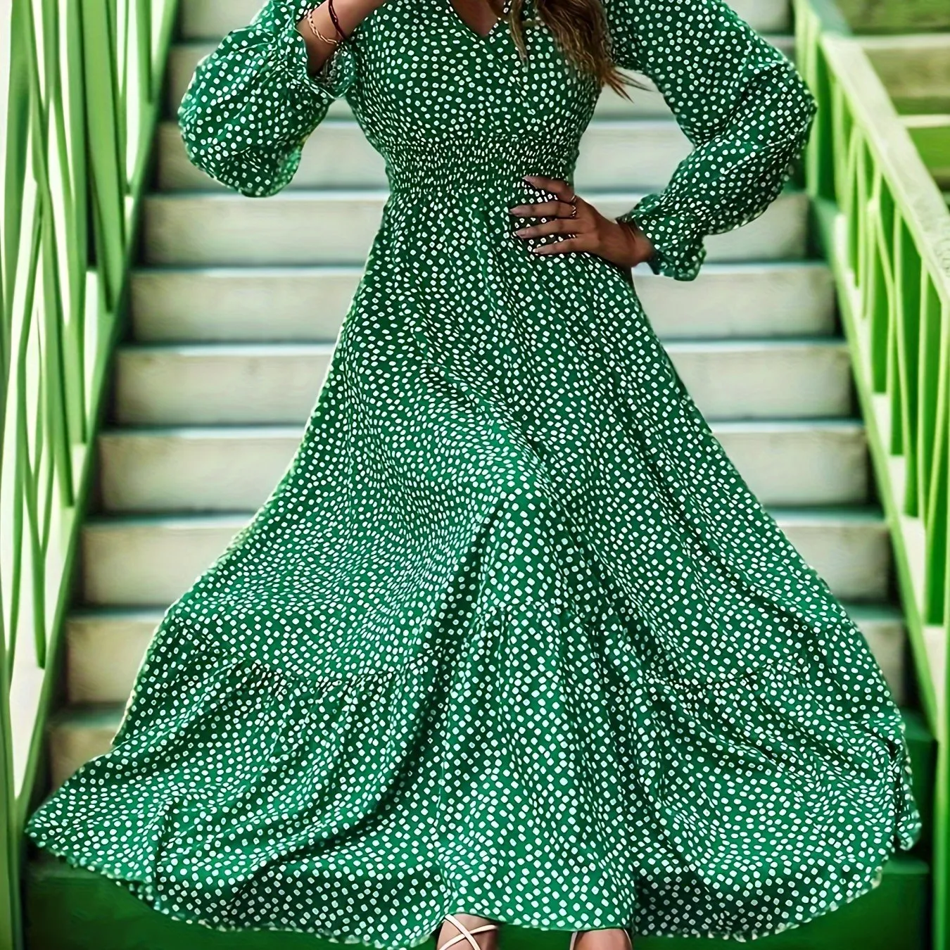 Plus Size Fit and Flare Vacay Maxi Dress - V Neck, Shirred, Non-Stretch Polyester with Ditsy Floral Random Print - Perfect for All Seasons, Vacation-Ready, Woven, and Not Sheer