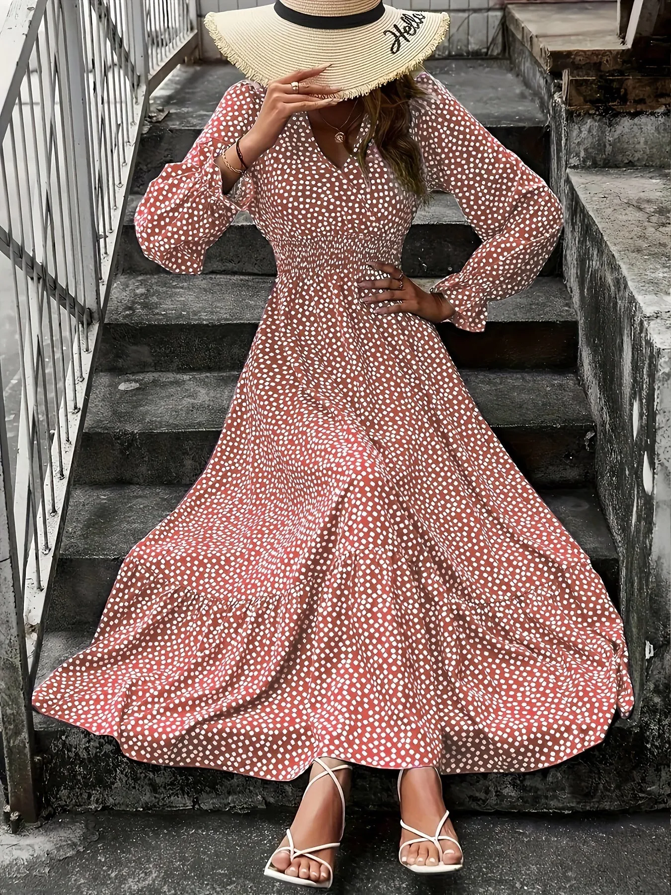 Plus Size Fit and Flare Vacay Maxi Dress - V Neck, Shirred, Non-Stretch Polyester with Ditsy Floral Random Print - Perfect for All Seasons, Vacation-Ready, Woven, and Not Sheer