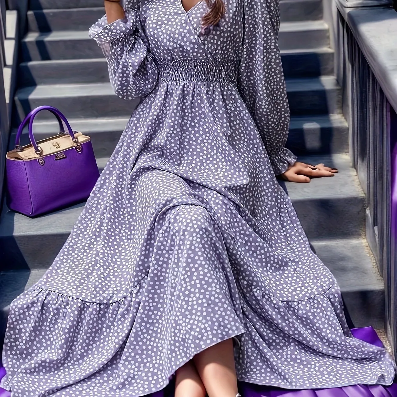 Plus Size Fit and Flare Vacay Maxi Dress - V Neck, Shirred, Non-Stretch Polyester with Ditsy Floral Random Print - Perfect for All Seasons, Vacation-Ready, Woven, and Not Sheer