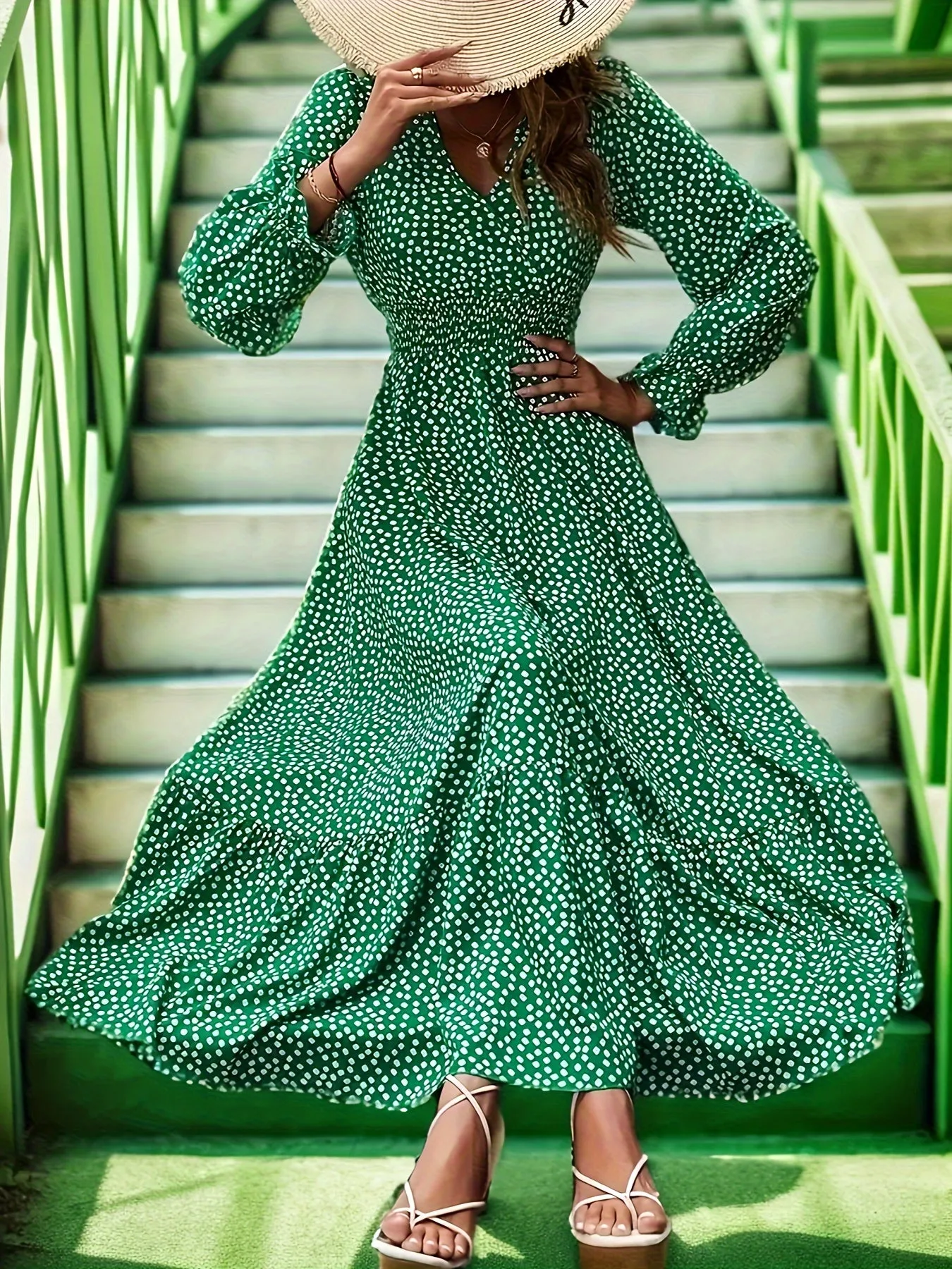 Plus Size Fit and Flare Vacay Maxi Dress - V Neck, Shirred, Non-Stretch Polyester with Ditsy Floral Random Print - Perfect for All Seasons, Vacation-Ready, Woven, and Not Sheer