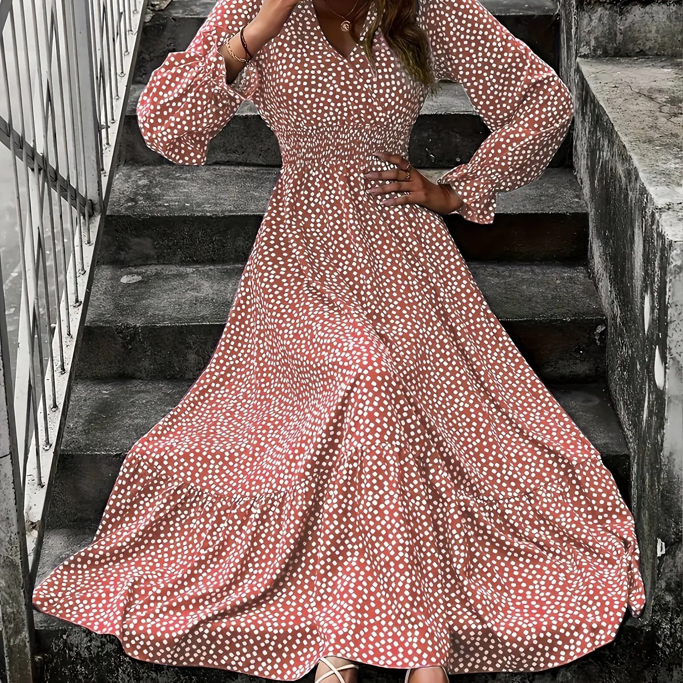 Plus Size Fit and Flare Vacay Maxi Dress - V Neck, Shirred, Non-Stretch Polyester with Ditsy Floral Random Print - Perfect for All Seasons, Vacation-Ready, Woven, and Not Sheer