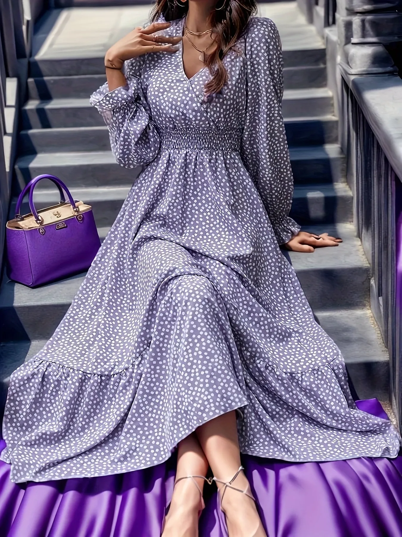 Plus Size Fit and Flare Vacay Maxi Dress - V Neck, Shirred, Non-Stretch Polyester with Ditsy Floral Random Print - Perfect for All Seasons, Vacation-Ready, Woven, and Not Sheer