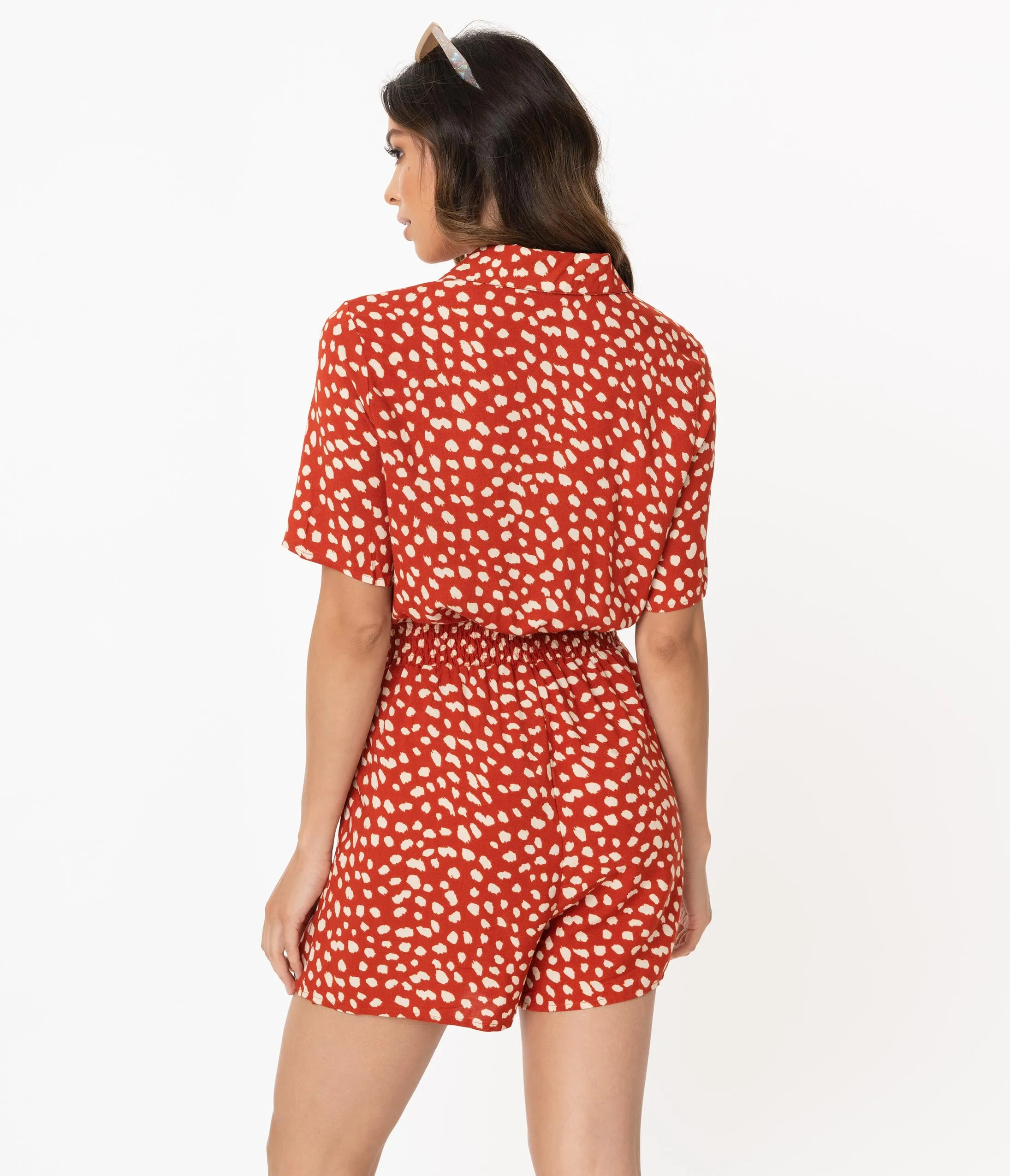 Retro Style Rust Red & Ivory Speckled Print Romper