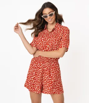 Retro Style Rust Red & Ivory Speckled Print Romper
