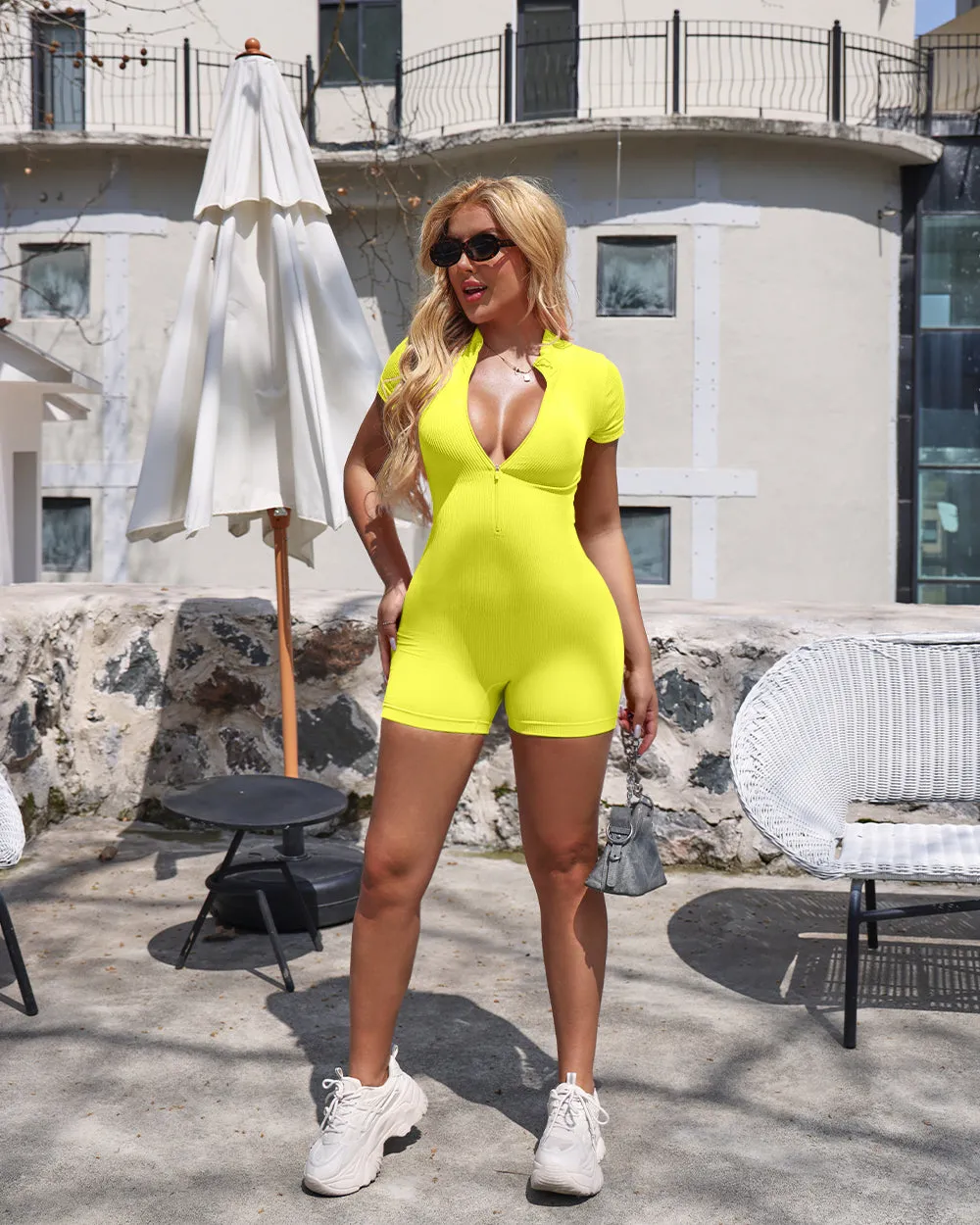 Ribbed Short Sleeve Zip Romper