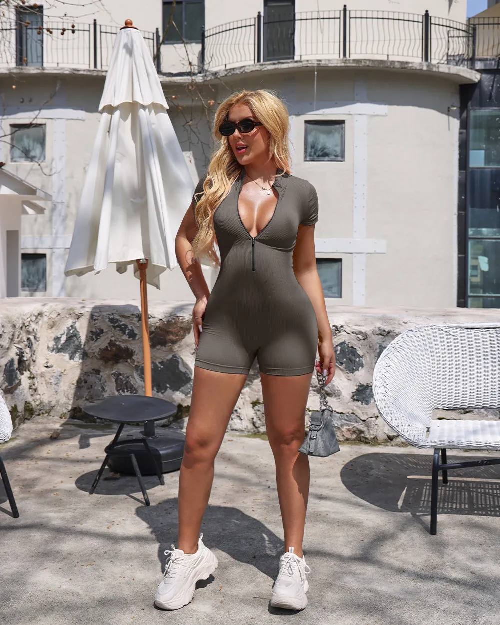 Ribbed Short Sleeve Zip Romper