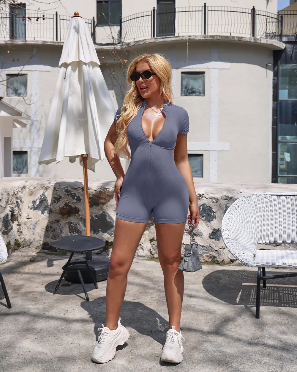 Ribbed Short Sleeve Zip Romper