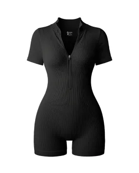 Ribbed Short Sleeve Zip Romper