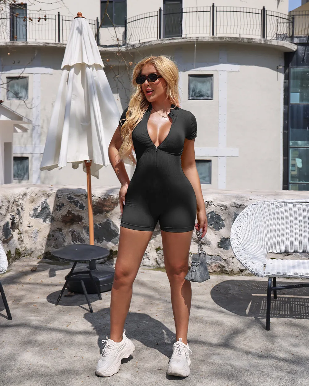 Ribbed Short Sleeve Zip Romper