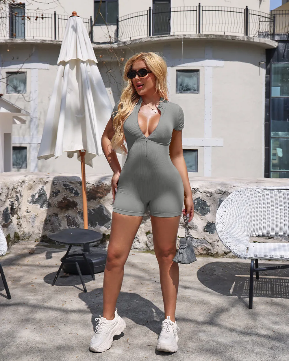 Ribbed Short Sleeve Zip Romper