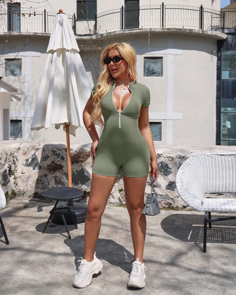 Ribbed Short Sleeve Zip Romper