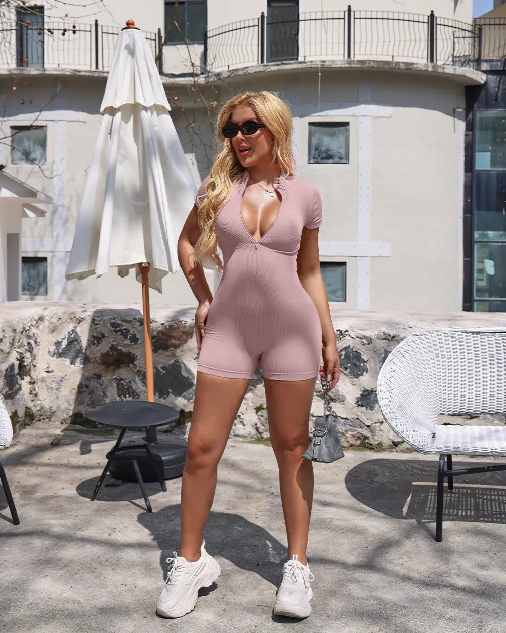 Ribbed Short Sleeve Zip Romper